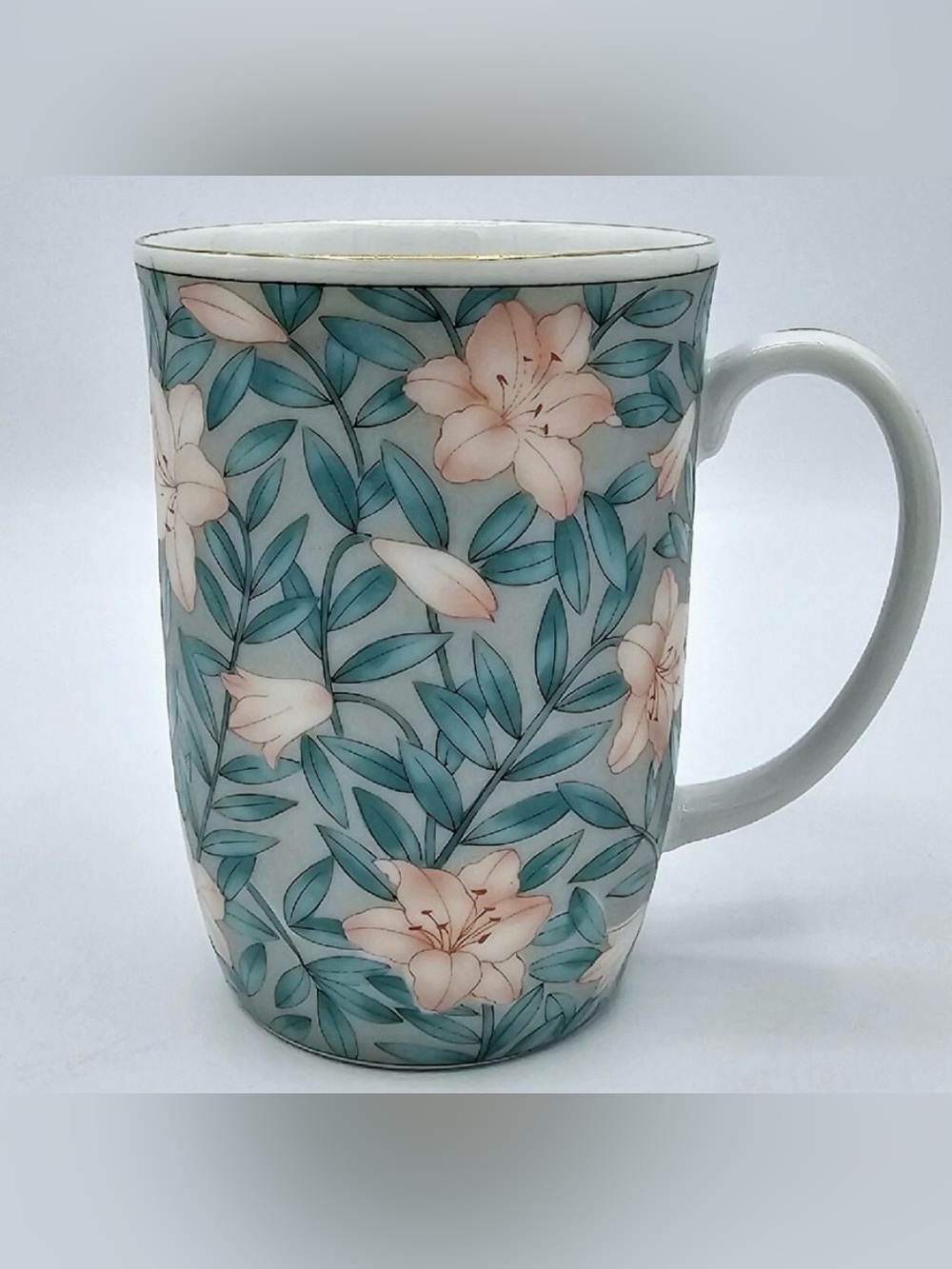 Otagiri Serenade Vintage Floral Pink Turquoise 10 oz Gold Gilded Mug Cup Japan